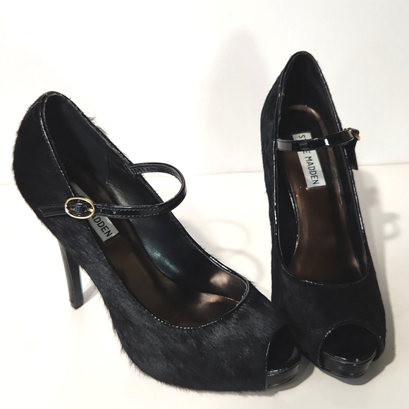 Steve Madden Laveda Black Leather Calf Hair Peep Toe Pumps Size 8M EUC! - Picture 11 of 11